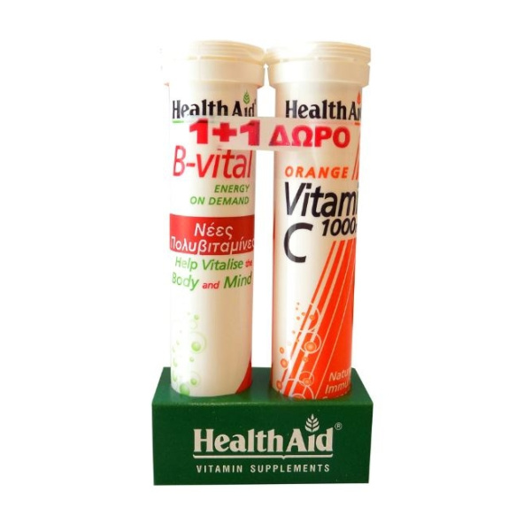 HEALTH AID B-VITAL Vit. B Complex Βερίκοκο 20tabs & ΔΩΡΟ Vitamin C 1000mg Πορτοκάλι 20tabs