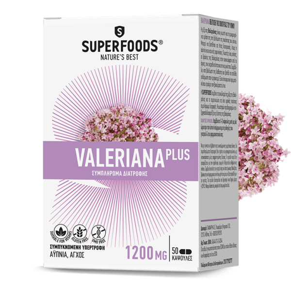 SUPERFOODS Valeriana Plus Συμπλήρωμα Διατροφής κατά του Άγχους, της Υπερέντασης & της Αυπνίας, 50 caps
