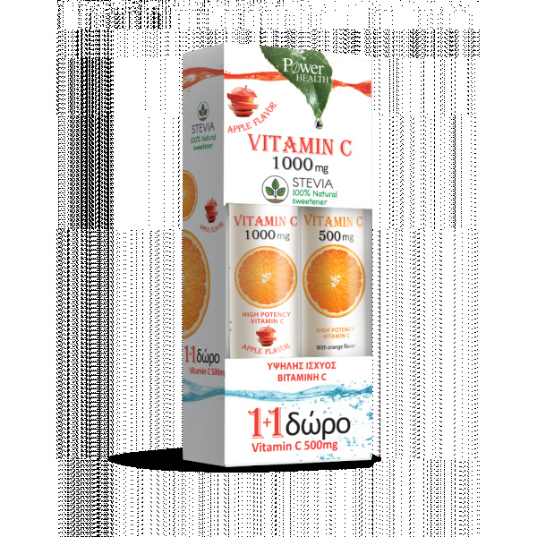 POWER HEALTH Vitamin C 1000mg Apple με Γλυκαντικό από Στέβια 24αναβρ.δισκία + Δώρο Vitamin C 500mg 20αναβρ.δισκία