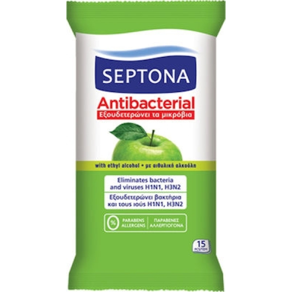 Septona Antibacterial, Αντιβακτηριδιακά Μαντήλια Χεριών με Άρωμα Πράσινο Μήλο, 15 τεμάχια