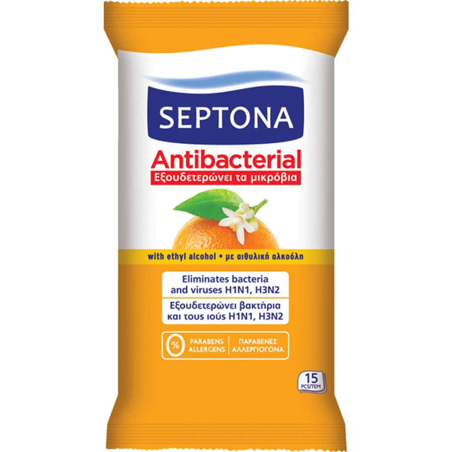 Septona Antibacterial, Αντιβακτηριδιακά Μαντήλια Χεριών με Άρωμα Πράσινο Μήλο 15 τεμάχια