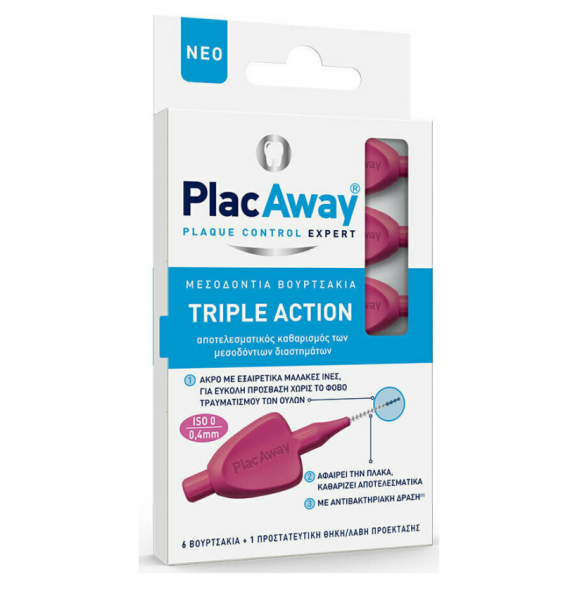PLAC AWAY Triple Action Μεσοδόντια Βουρτσάκια 0.4mm ISO 0, Ροζ, 6τεμ