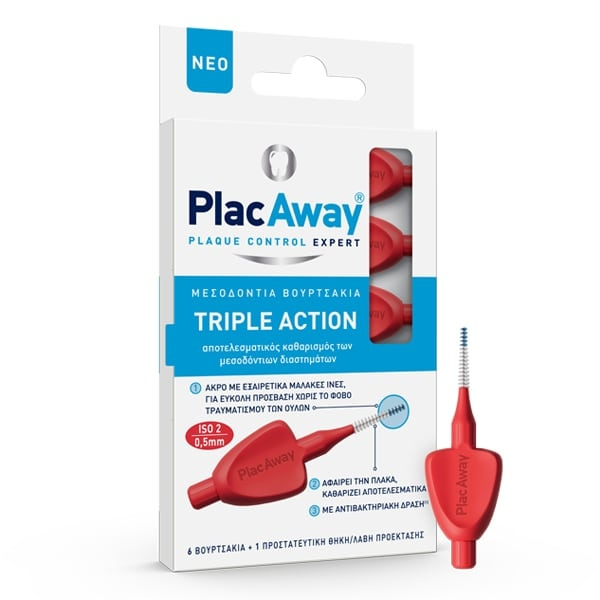 PLAC AWAY Triple Action Μεσοδόντια Βουρτσάκια 0.5mm ISO 2, Κόκκινα, 6τεμ