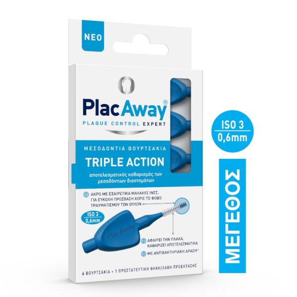 PLAC AWAY Triple Action Μεσοδόντια Βουρτσάκια 0.6mm ISO 3, Μπλε, 6τεμ