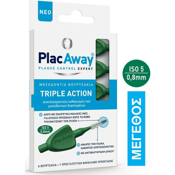 PLAC AWAY Triple Action Μεσοδόντια Βουρτσάκια 0.8mm ISO 5, Πράσινο, 6τεμ