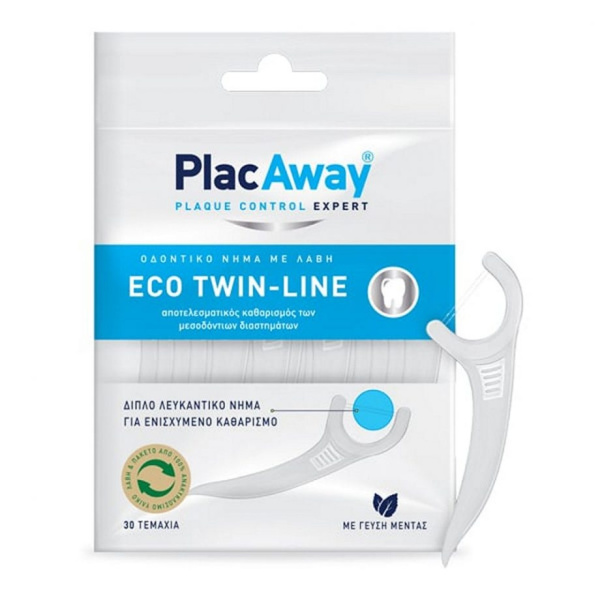 OMEGA PHARMA Plac Away Eco Twin-Line Διπλό Λευκαντικό Οδοντικό Νήμα με Λαβή, 30τεμ