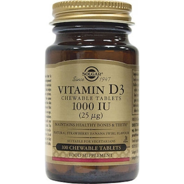 SOLGAR Vitamin D3 1000 IU (25μg) Μασώμενης Βιταμίνης D3 με Γεύση Μπανάνα & Φράουλα, 100chew.tabs