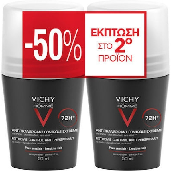VICHY Promo Anti Transpirant 72h Roll On Ανδρικό Αποσμητικό Έντονης Εφίδρωσης με Άρωμα -50% Έκπτωση στο 2ο προϊόν, 2x50ml