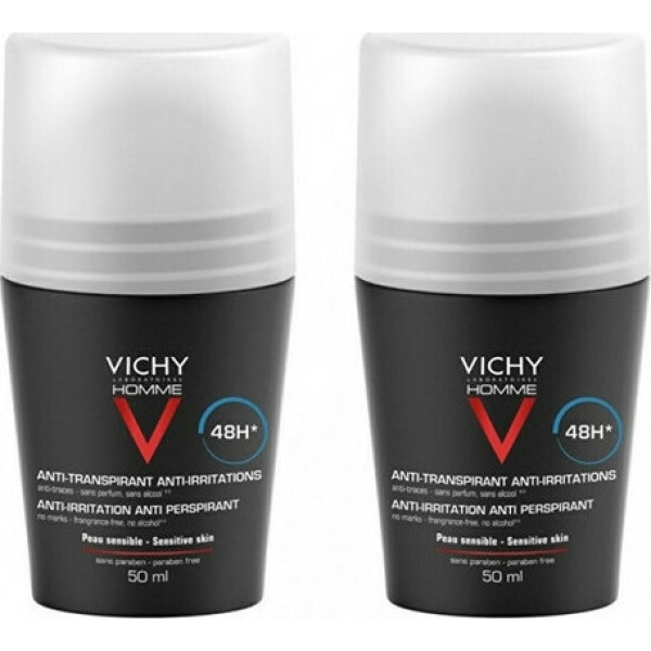 VICHY Promo Anti-Transpirant 48h Roll On Ανδρικό Αποσμητικό για Ευαίσθητες Επιδερμίδες -50% Έκπτωση στο 2ο προϊόν, 2x50ml