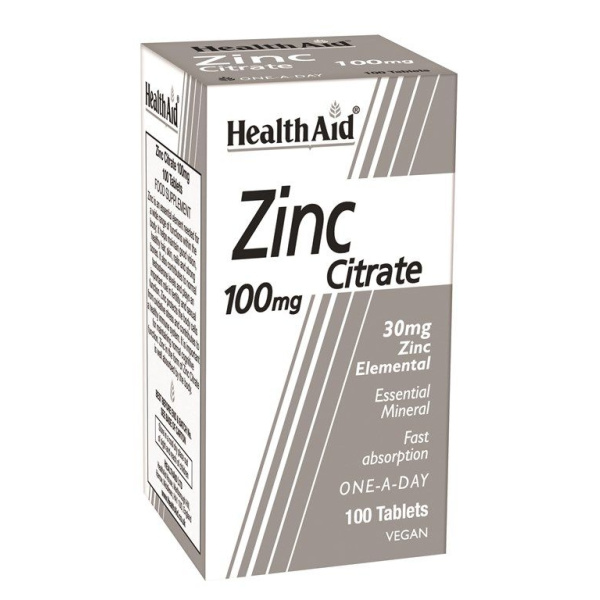 HEALTH AID Zinc Citrate 100mg συμπλήρωμα Διατροφής με Ψευδάργυρο 100Tabs.