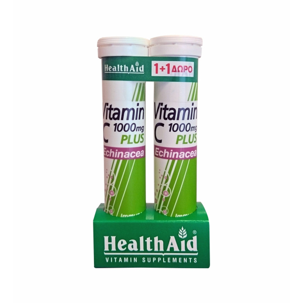 HEALTH AID Promo Vitamin C 1000mg Plus Echinacea Συμπλήρωμα Διατροφής για Δυνατό Ανοσοποιητικό με Γεύση Λεμόνι 20 αναβ.δισκ.1+1 ΔΩΡΟ