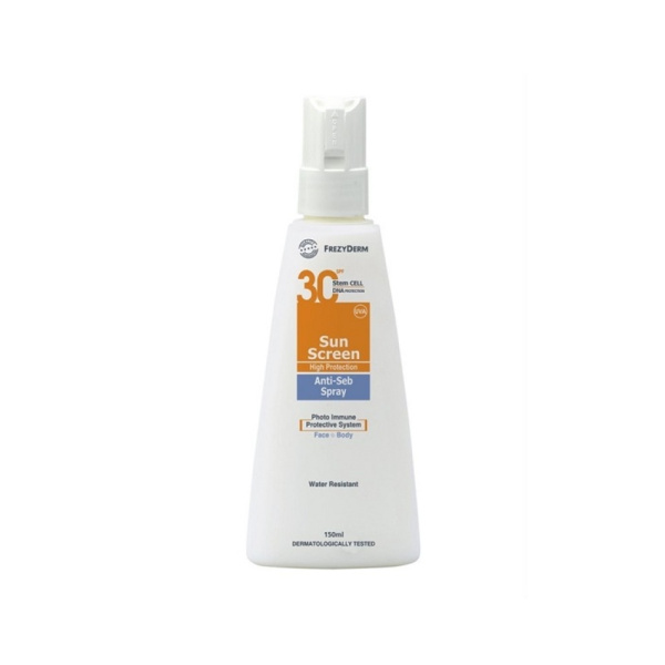 FREZYDERM Sun Screen Spray-Anti-Seb SPF 30 Αντηλιακό Γαλάκτωμα Προσώπου & Σώματος σε Spray για Λιπαρό ή Κανονικό Δέρμα με Τάση Ακμής, 150ml