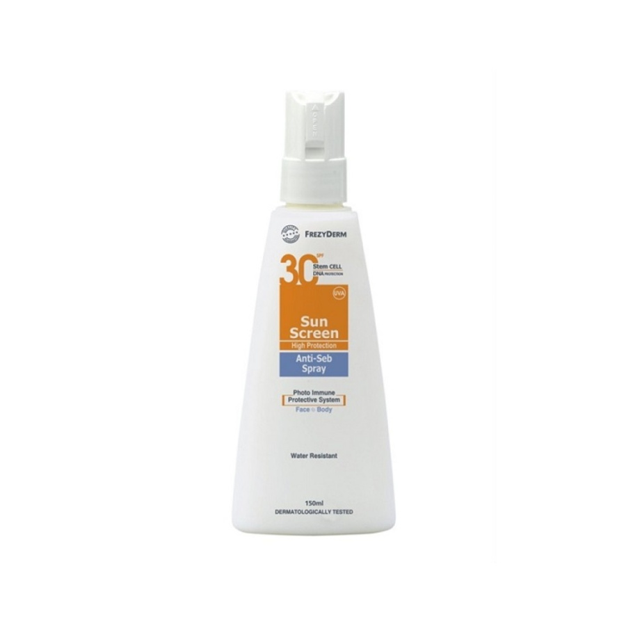 FREZYDERM Sun Screen Spray-Anti-Seb SPF 30 Αντηλιακό Γαλάκτωμα Προσώπου & Σώματος σε Spray για Λιπαρό ή Κανονικό Δέρμα με Τάση Ακμής, 150ml