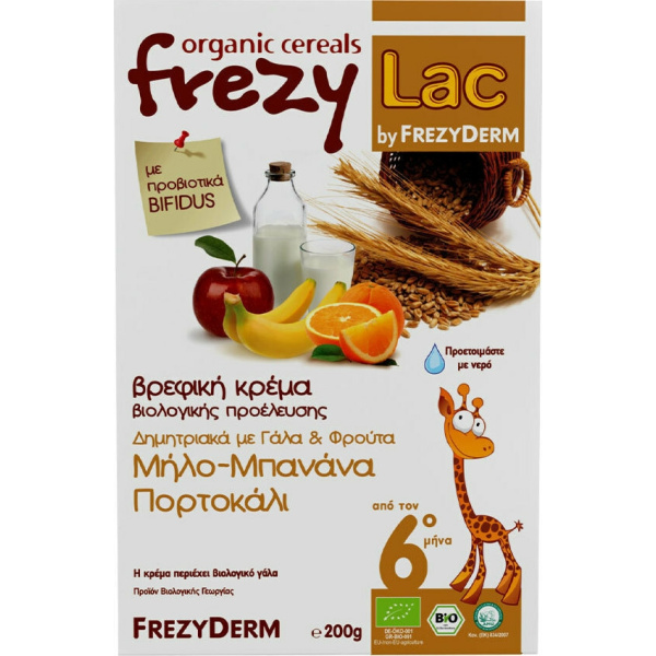 FREZYDERM FREZYLAC Βιολογική Βρεφική Κρέμα Δημητριακών με Γάλα & Μήλο, Μπανάνα, Πορτοκάλι, 200gr