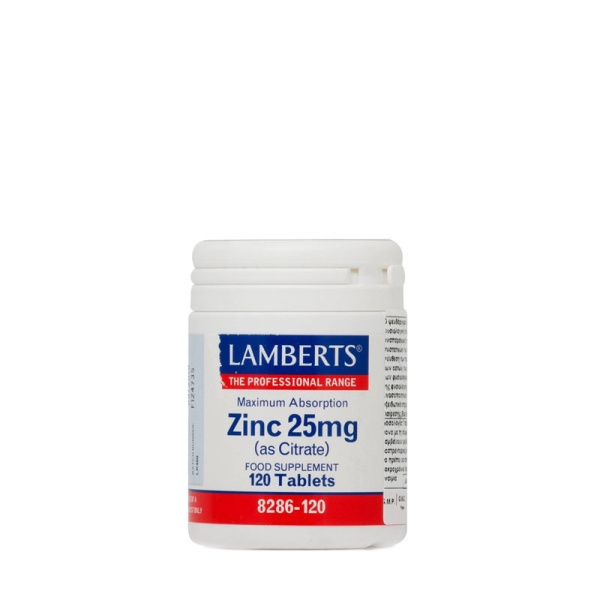 LAMBERTS Zinc Citrate 25mg Συμπλήρωμα Διατροφής Ψευδαργύρου για Τόνωση Ανοσοποιητικού, Καλή Υγεία Δέρματος & Αναπαραγωγικού, 120tabs