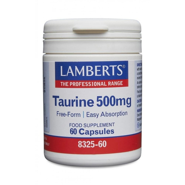 LAMBERTS Taurine 500mg, Ταυρίνη για τη Φυσιολογική Λειτουργία του Εγκεφάλου, της Καρδιάς, της Χοληδόχου Κύστης, των Ματιών & του Αγγειακού Συστήματος, 60Caps