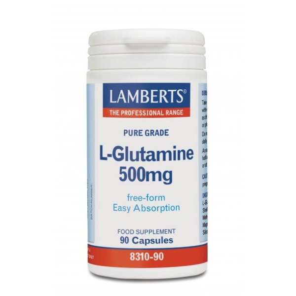 LAMBERTS L-Glutamine Σκόνη σε Σκληρή Κάψουλα για τον Εγκέφαλο & στην Επούλωση των Πεπτικών Ελκών 500MG, 90 caps