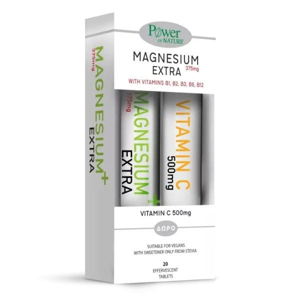 POWER HEALTH Magnesium Extra 375mg with Stevia- 20 Αναβράζοντα Δισκία & ΔΩΡΟ Vitamin C 500mg, 20 Αναβράζοντα Δισκία