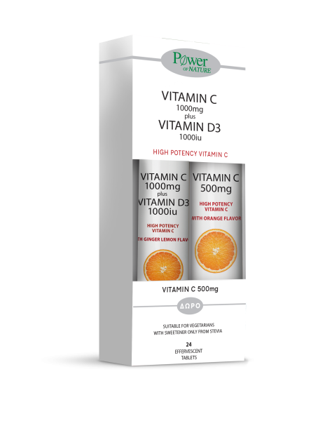 POWER HEALTH Vitamin C 1000mg + Vitamin D3 1000iu με Stevia 24 eff.tabs & Δώρο Vitamin C 500mg 20eff.tabs